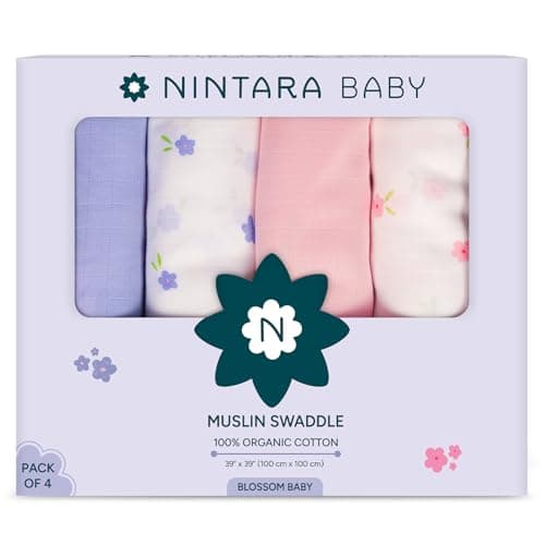 NINTARABABY Swaddles - 100% Organic Premium Muslin Cotton, 39" x 39" (100 cm x 100 cm), Ultra-Soft, Breathable & Lightweight, Hypoallergenic, Gifts for Newborn Girls, Pack of 4
