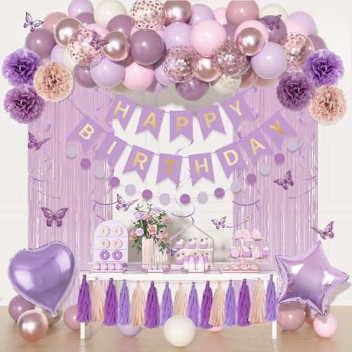 Dusty Purple Birthday Party Decorations Lavender Pink Sand Confetti Rose Gold Balloons Happy Birthday Banner Fringe Curtains Butterfly Hanging Swirls Circle Dots Tassels Pompoms for Women Girls Party