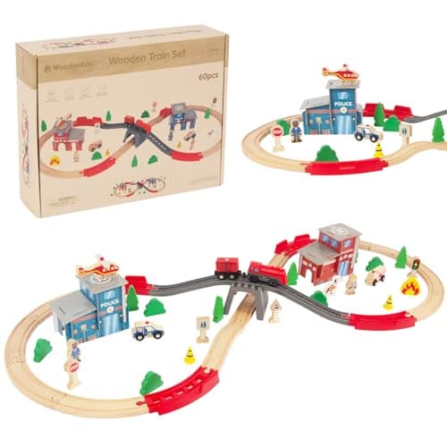 WoodenEdu Wooden Train Set for Toddler 60 Pcs with Wooden Tracks fits Thomas fits Brio fits Chuggington fits Melissa and Doug Expandable ChangeableTrain Toy for 3 4 5 Years Old Girls Boys