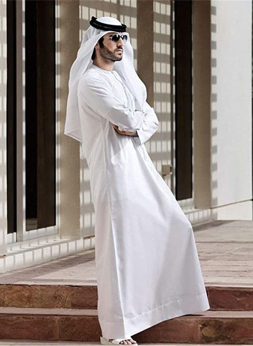Men's Round Neck Long Sleeve Solid Saudi Arabian Muslin Robe Islamic Dubai Thobe Button Up Kaftan With Pockets Long Gown Casual Shirt With Headscarf