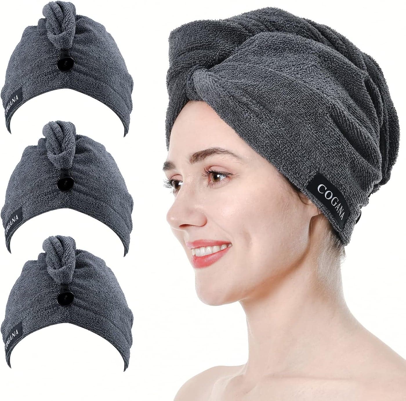 3Pack Grey Microfiber Hair Towel Hair Towel Wrap for Women Hair Drying Towel with Button Hair Wrap Towel for Curly Hair Hair Turban for Wet Hair Grey 3 Pack 10Wx28L