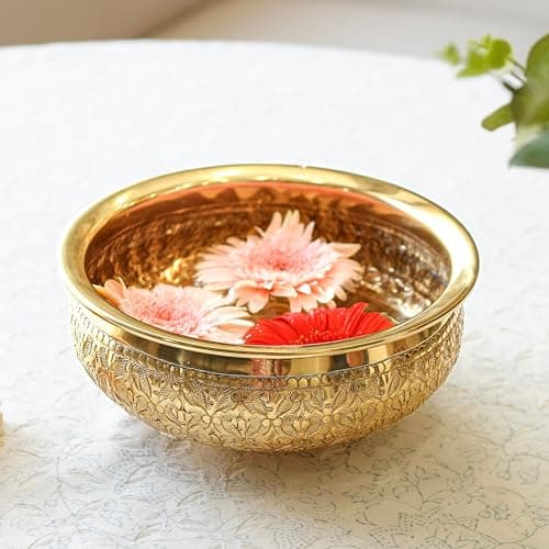 BEHOMA Classic Golden Aluminium Chitai 9" inch Urli Indoor Center Table Flower Decorative Bowl for Home Décor | Urali for Mandap, Haldi, Mehendi, Wedding, Reception & Entrance Decoration | 1Pc, 500 ml