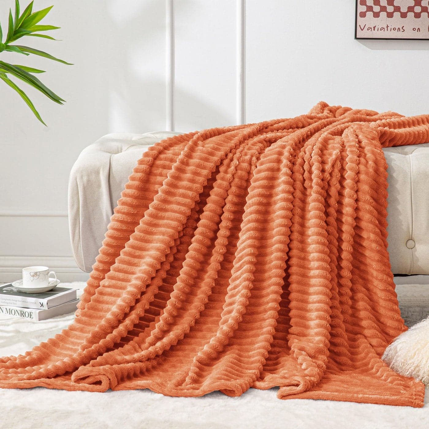 BEDELITE Fleece Blanket Twin Size 3D Ribbed Jacquard Soft and Warm Decorative Fuzzy Blankets Cozy Fluffy Plush Lightweight Throw Blankets for Couch Bed SofaOrange 60x80 inches