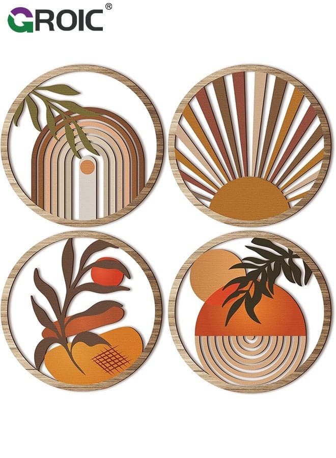 4 Pcs Boho Wall Decor,Farmhouse Wooden Round Bathroom Decor, Hollow-out Hanging Art Nursery Decor, Minimalist for Apartment Bedroom Gift, Modern Leaf and Nature-Themed Wood Wall Art,Retro wooden decorations