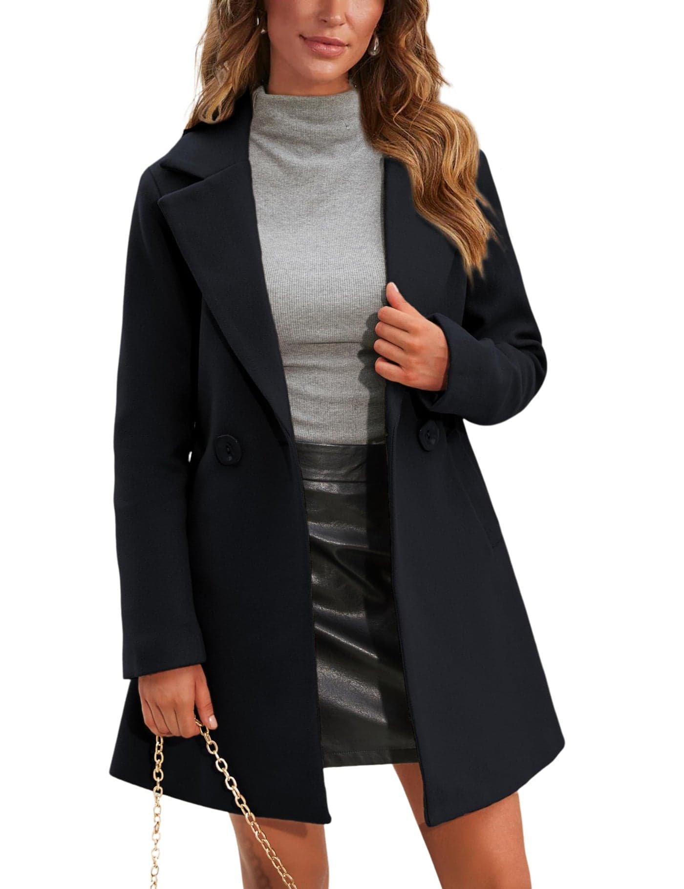 Springrain Womens Wool Pea Coat Notched Collar Double Breasted Midi Long Trench Coat Outwear Black XL