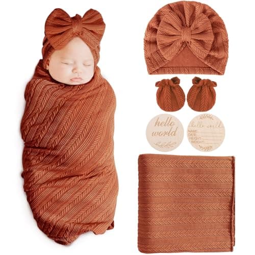 AQOKKA Newborn Receiving Blanket with Bow Hat Mittens Wooden Card Set WheatPattern Newborns Toddler Baby Boy Girl Nursery Swaddle Wrap