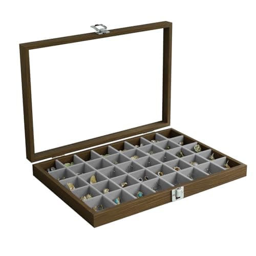 Stratalife 40 Grid Wood Jewelry Organizer with Clear Lid Vintage Jewelry Tray for Earrings Rings Necklaces Bracelets Jewelry Storage with Removable Velvet Dividers for Dresser Vanity Gray