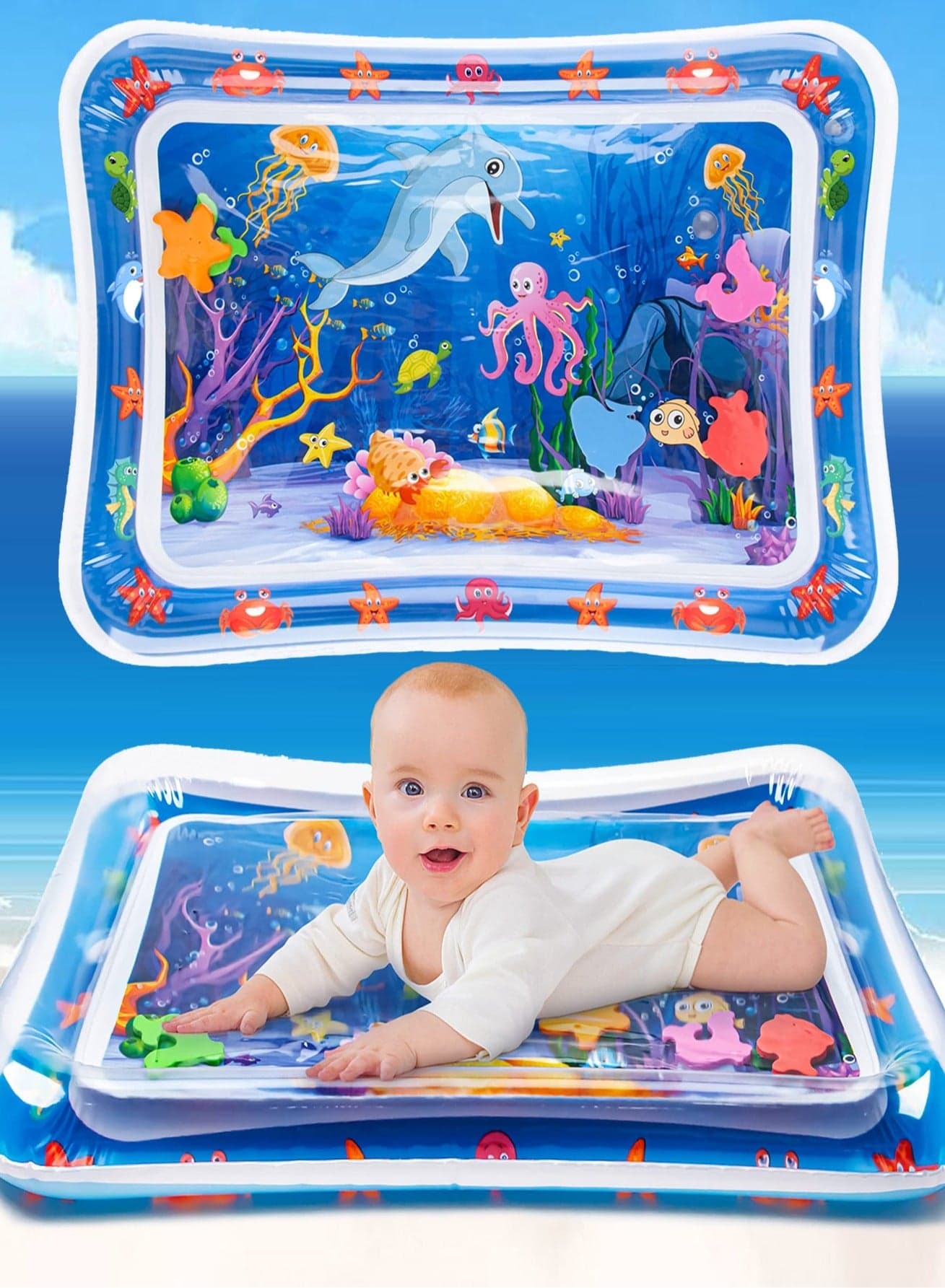 Babyslapped Pad,Baby Tummy Time Water Mat – BPA-Free, Leak-Proof Sensory Play Mat for Infants with Colorful Sea World Graphics & Floating Marine Animals, Ideal for Strengthening Neck, Shoulder & Back Muscles, Promotes Motor Skills & Cognitive Development, Perfect Baby Shower Gift & Travel-Friendly