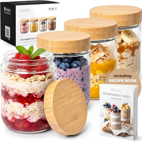 EDELHAUS Overnight Oats Containers with Lids Bamboo 4 x 16oz Glass Jars for Oatmeal Meal Prep Food Storage LeakProof Mason Jars for Oats Cereal Yogurt Chia Pudding Thicker Glass 3mm