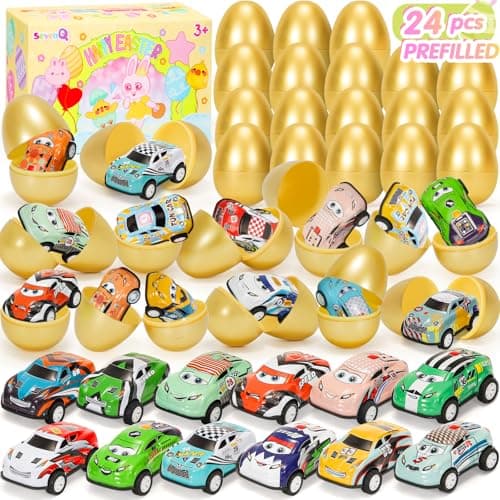 SevenQ Toy Cars Easter Basket Stuffers 24 Pcs Prefilled Easter Egg Fillers Race Car Party Favors for Kids Birthday Goodie Bag Treasure Box Toys for Classroom Treat Prizes Pinata Egg Hunt Supplies