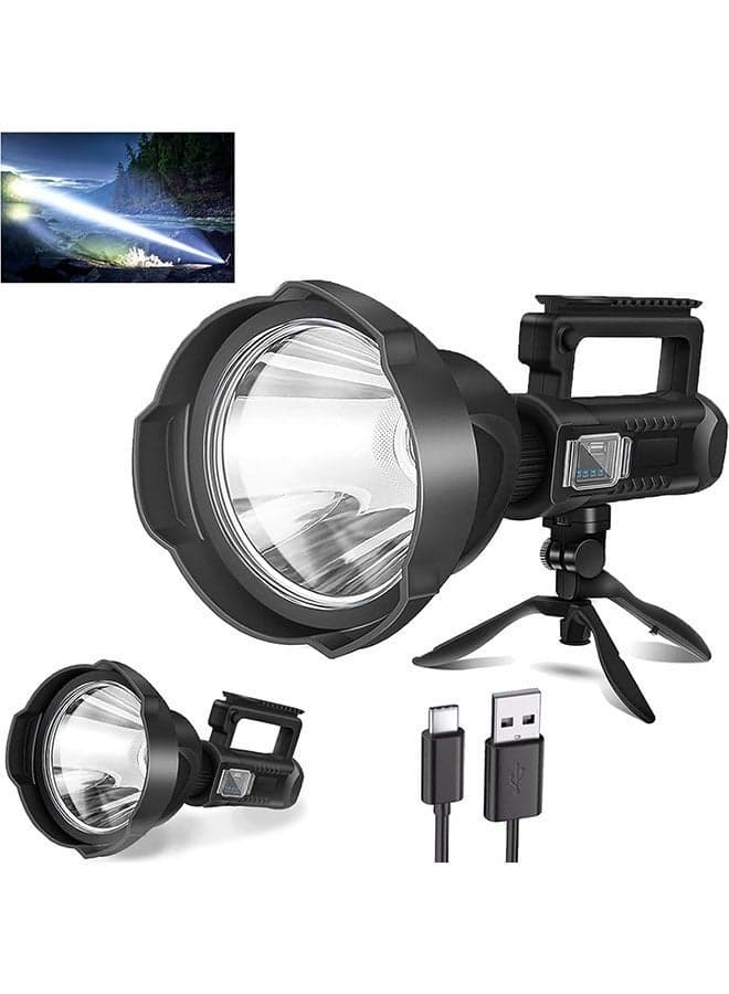 Rechargeable Spotlight Torch, LED Super Bright P70 High Lumen Handheld Tactical 4 Brightness Modes and IPX6 Waterproof Large Searchlight with USB Output Foldable Tripod for Camping/Hunting