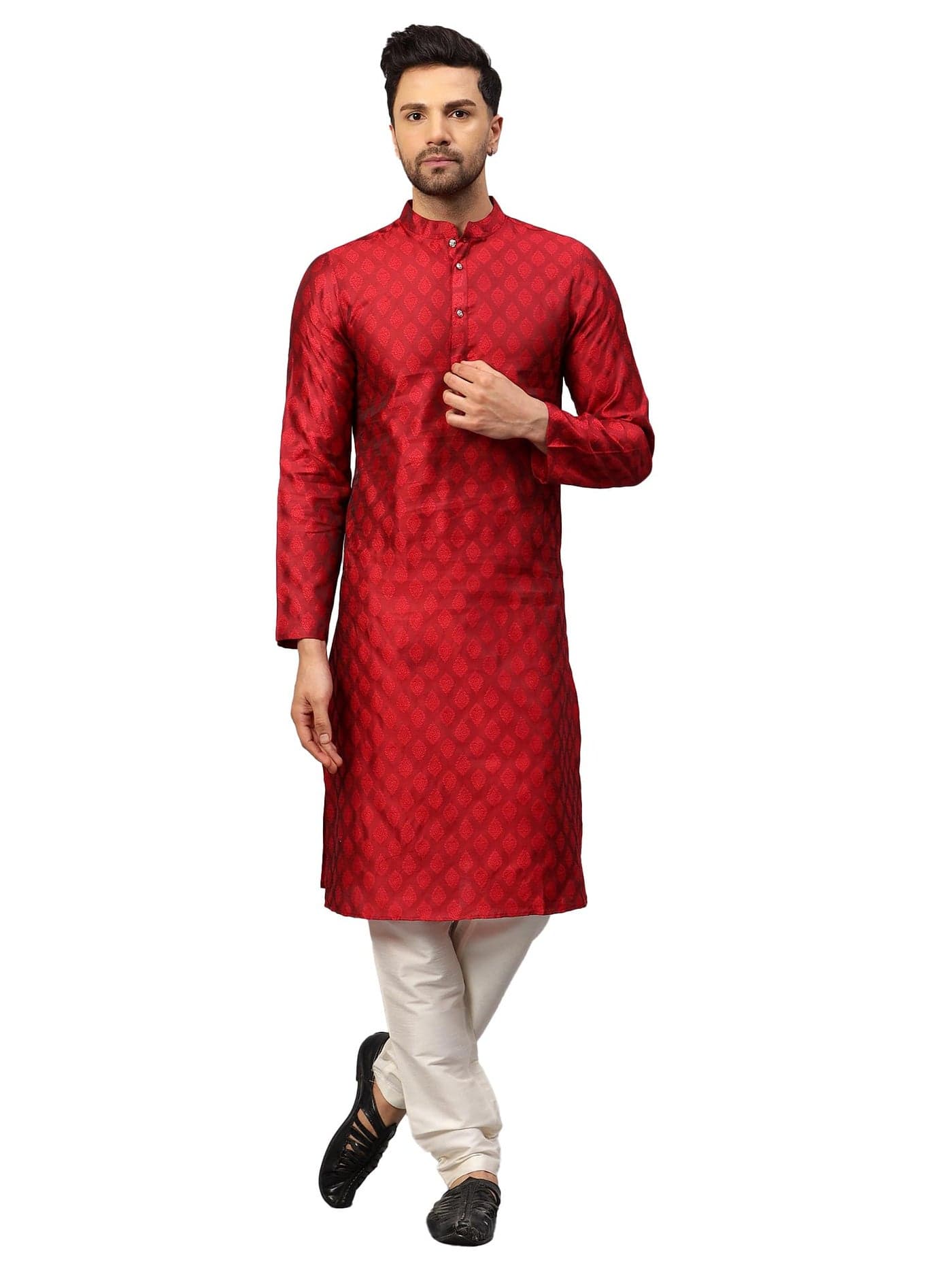 LATEST CHIKAN Men’s Silk Chikankari Kurta with Cream Churidar | Festive Set - KP-SB-R2-46