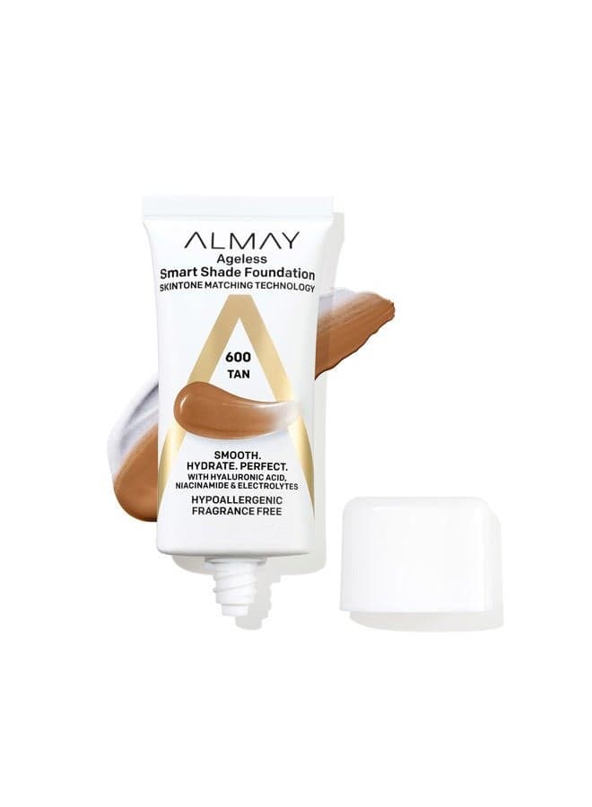 Anti-Aging Foundation, Smart Shade Face Makeup with Hyaluronic Acid, Niacinamide, Vitamin C & E, Hypoallergenic-Fragrance Free, 600 Tan, 1 Fl Oz (Pack of 1)