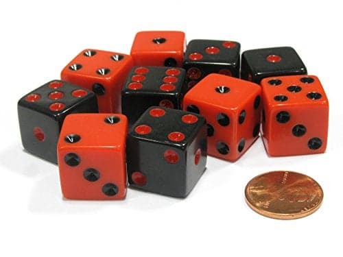Set of 10 Six Sided Square Opaque 16mm D6 Dice Inverse Black and Red by Koplow Games