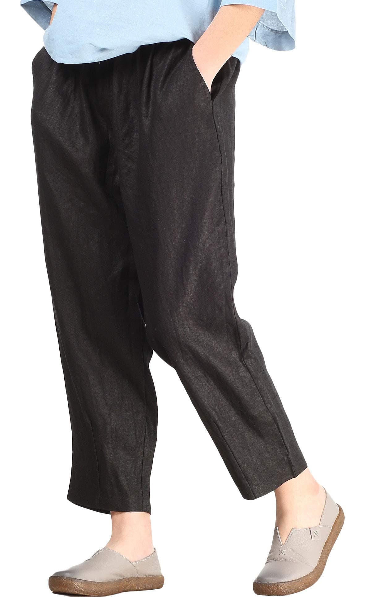 LaovanIn Women's Linen Cropped Pants Tapered Ankle Capris Trousers Elastic Waist Medium Black