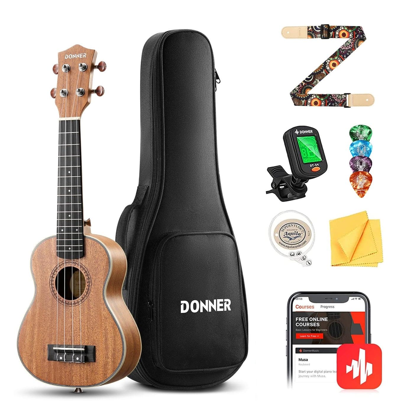Donner Concert Ukulele Beginner Kit 23 inch Ukelele Mahogany Wood with Free Online Lesson Gig Bag Strap Nylon String Tuner Picks Ukalalee Yukalalee Bundle Pack DUC200