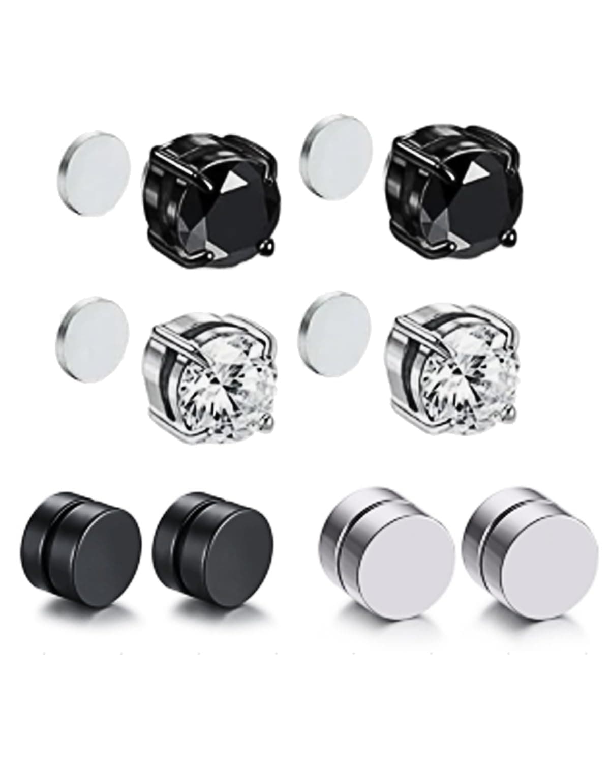 4 Pairs Magnetic Earrings for Men, Silver and Black Round Stud Earrings, Non-Piercing Clip On Earrings Set, Fashionable and Comfortable for Sensitive Skin