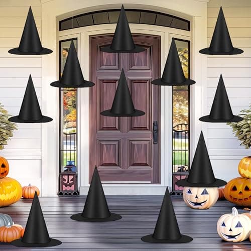Helimoto Halloween Hanging Witch Hats & Costume Accessories, 328 FT Nylon Cord Wizard Hats, Indoor Outdoor Decorations for Home, Yard, Porch, Ceiling, Black, 12 PCS