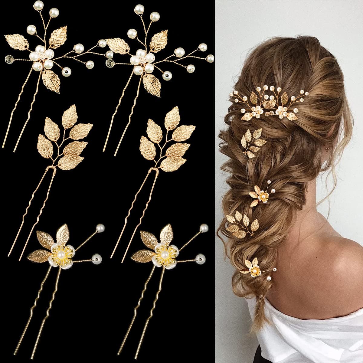 6 Pieces Bridal Wedding Hair Pins Gold Leaf Crystal Pearl Hair Pins Clips Headpiece Vintage Wedding Hair Accessories Jewelry with Rhinestone for Brides Bridesmaids Flower Girls Lovely
