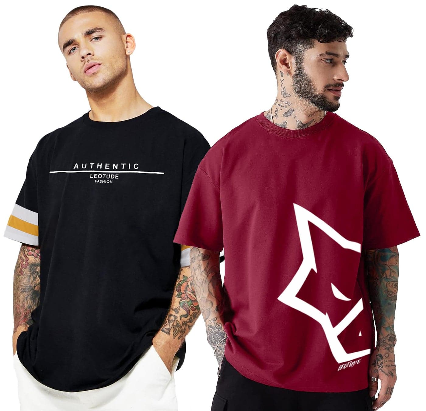 LEOTUDE Oversized Half Sleeve Men's T-Shirt (PO2_FS49_Wild-Wolf_P_Black-Maron_XL)