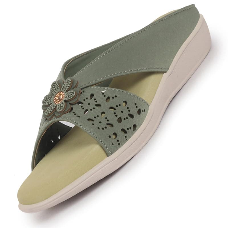 FAUSTO FST FKAWC-19003 GREEN-38 Women Elegant Floral Cut-Out Slip-On Wedge Sandals | Comfort Arch Support Summer Slides For Daily Use | Casual Orthopedic Slippers (4 UK)