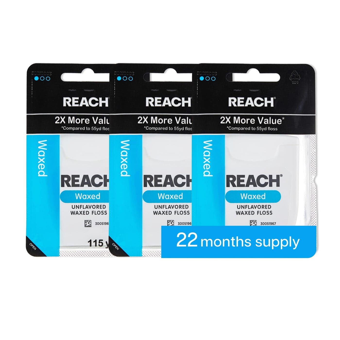 REACH Waxed Dental Floss, Unflavored, 2X More Value, Plaque Remover for Teeth, Shred Resistant, Floss Slides Smoothly, Easy to Use, Waxed, for Adults & Kids, Oral Care, PFAS Free, 3 Pack, 115 yd