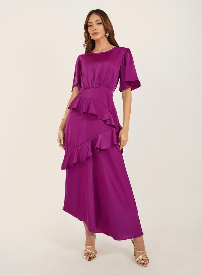 Ruffled Satin Midi Dress — M