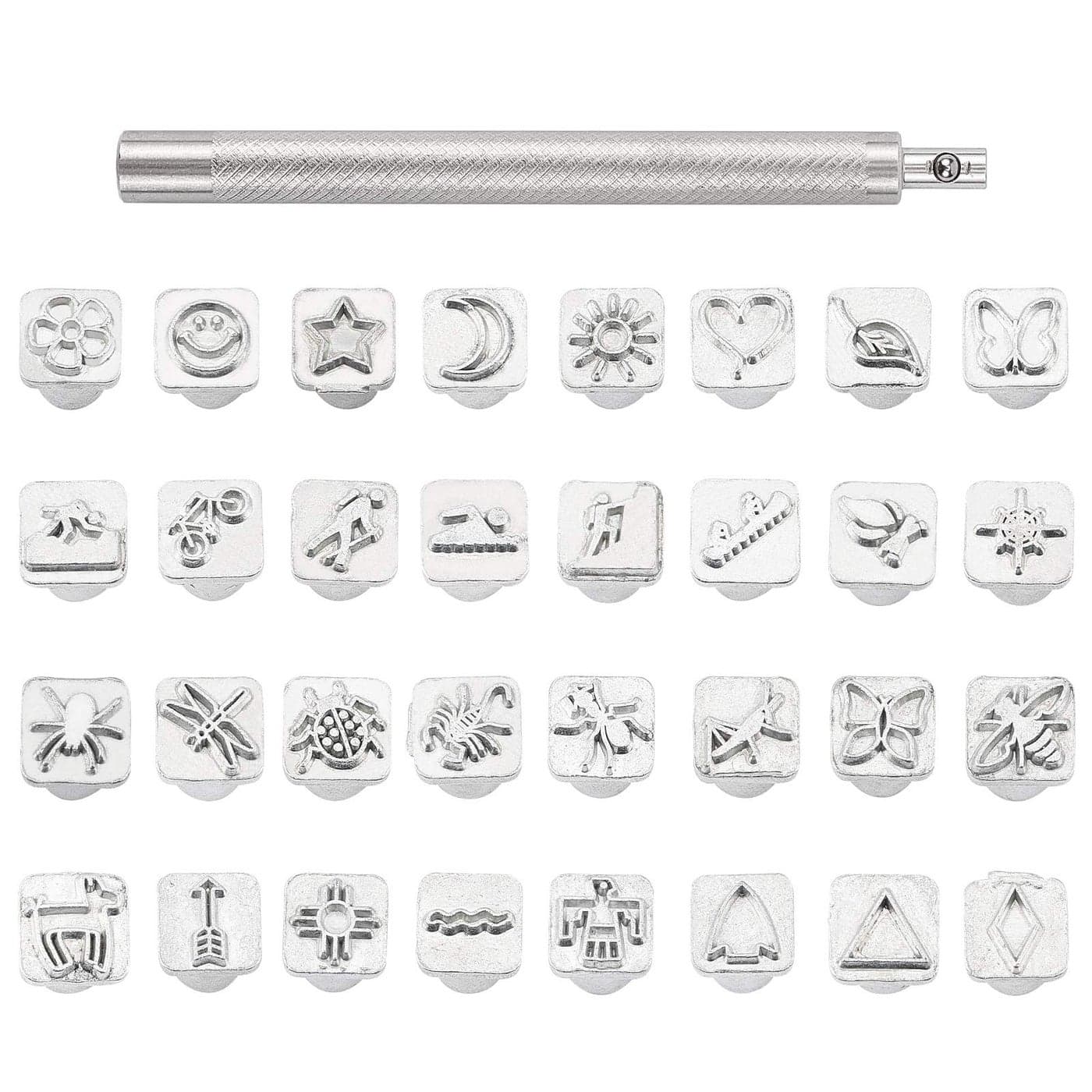 PH PandaHall 32 pcs Stainless Steel Leathercraft Metal Insect Theme Stamps Punch Set Tool with 1 pc Handle for Leather Craft Belt Bag Craft DIY Jewelry Marking