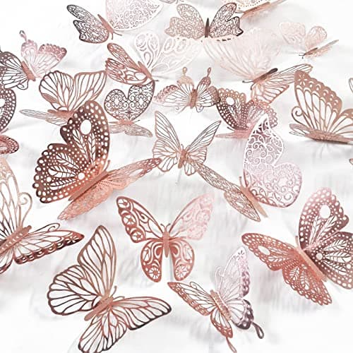 Ewong 60Pcs 3D Butterfly Wall Decal Birthday Cake Party Decoration 5 Style Mural Sticker Art Craft Kid Nursery Classroom Wedding Baby Shower Decorative Girl Bedroom Home Room Office Decor Rose Gold