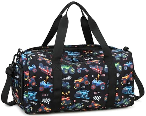 BTOOP Kids Overnight Bag for Boys Small Soccer Sports Gym Bags Duffle Tote With Shoe Compartment Toddler Weekender Sleepover Bags for Travel (Truck-Black)