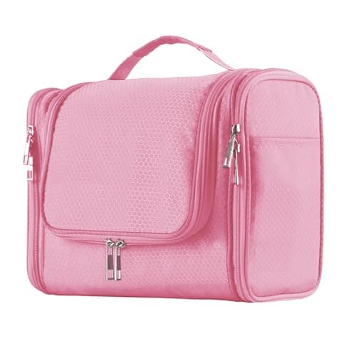 Buruis Large Capacity Toiletry Bag for Women and Men, Hanging Toiletry Organizer Cosmetics Makeup Bag, Water-resistant Dopp Kit Shaving Bags for Full Sized Toiletries, Travel Essentials (Pink)