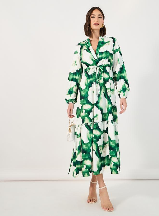 Styli Tie-Dye Print Notch Neck A-Line Maxi Dress