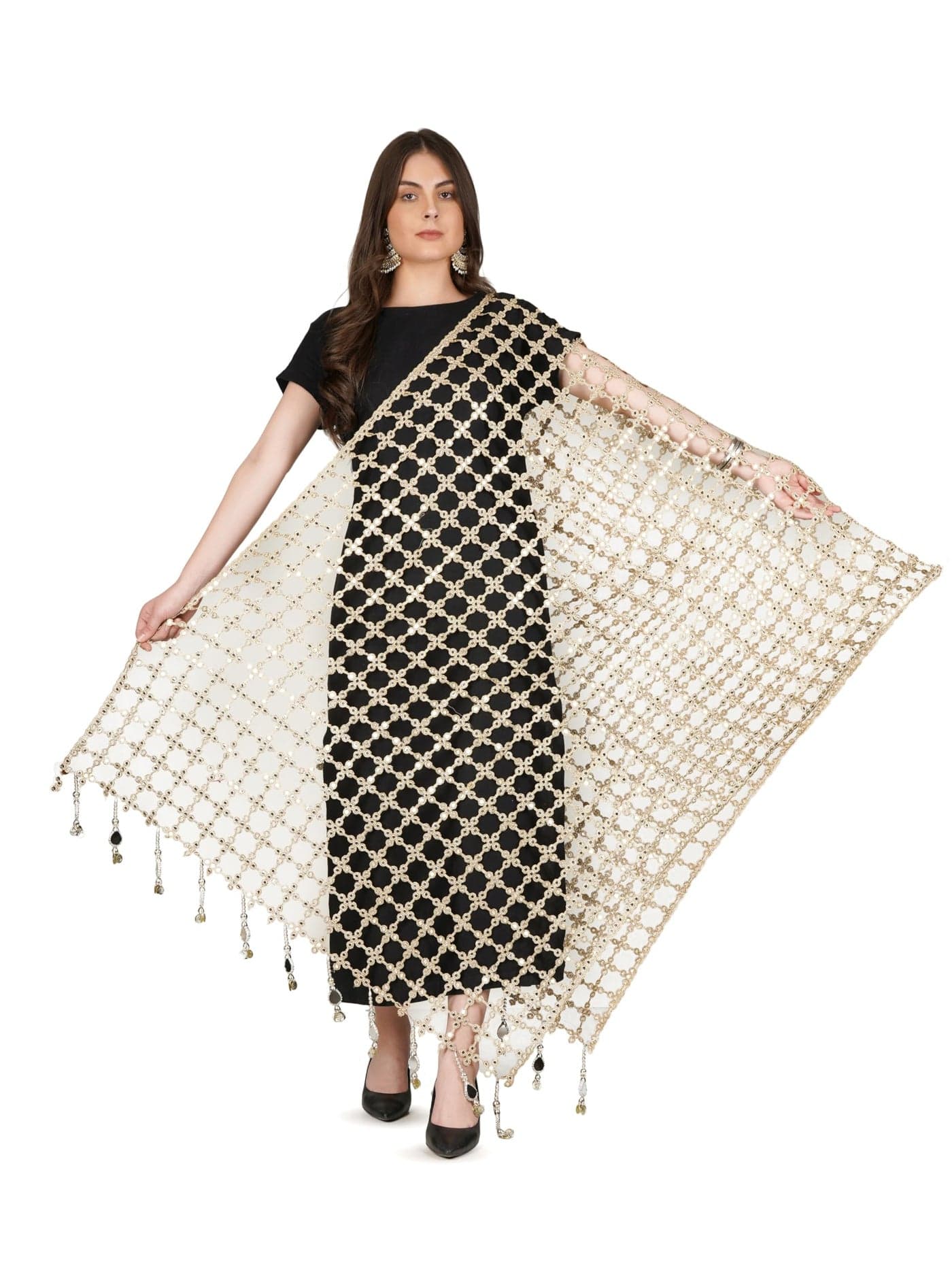 A R Silk DUPATTA HUB Women's Foil Mirror Work With Hand Made Tassels Golden Fancy and Bridal Dupatta(ars01240)