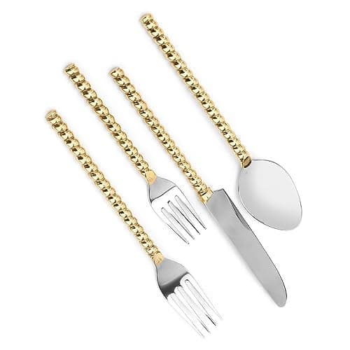 DREAMY WALLS Cutlery Set for Dining Table - 4 pcs Stainless Steel & Brass Cutlery Set - Knife Spoon & Forks - Gold & Silver Silverware for Daily Use - Durable Home & Kitchen Utensils - Dishwasher Safe