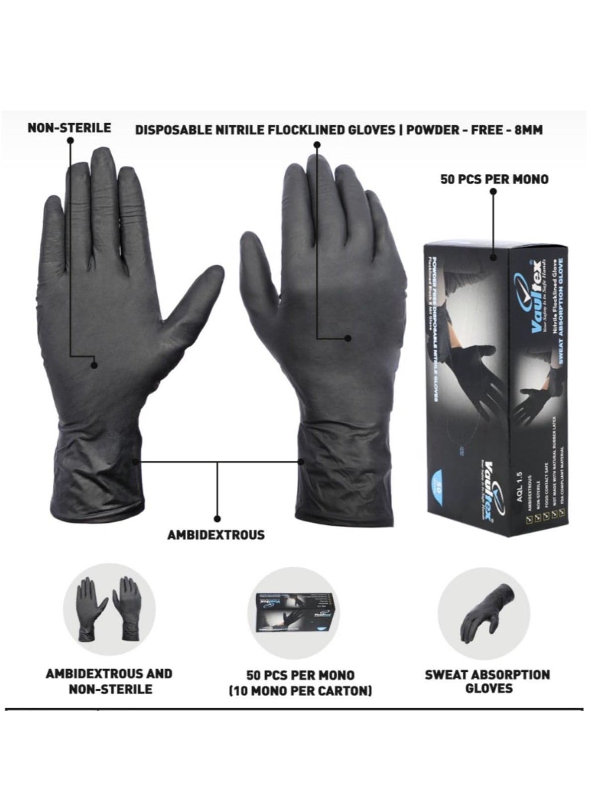 Nitrile Gloves, Black, Powder Free, Latex Free, Best for Restaurant, Saloon, Kitchen, Cleaning, Food Prep