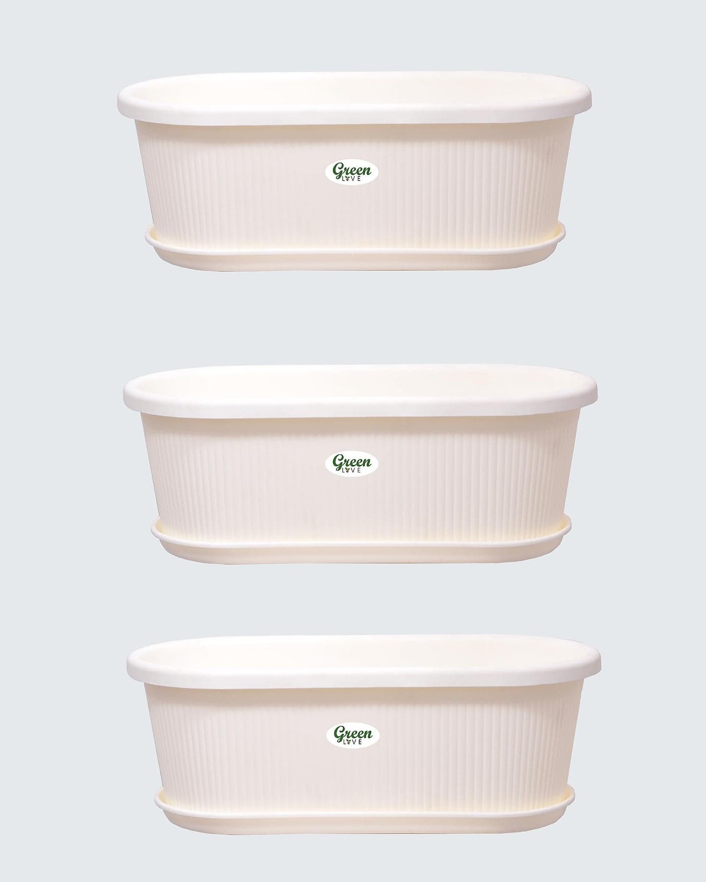 Green Live® Plastic Pemium 14inch Rectangular Planter with Tray Pot Milky White Color/Indoor Outdoor Balcony Flower Pots/Drip Tray Pots | Plastic Pots with Plates (40cmx34.5cmx13.5cm) (Pack of 3)