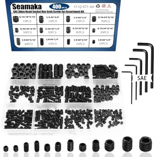 Seamaka 400Pcs SAE Set Screws Assortment Kit with Allen Keys,12 Size 12.9 Class Alloy Steel Set Screw Assortment Kit,1/8"-40 to 5/16"-18 Internal Set Screws for Bathroom Fixtures