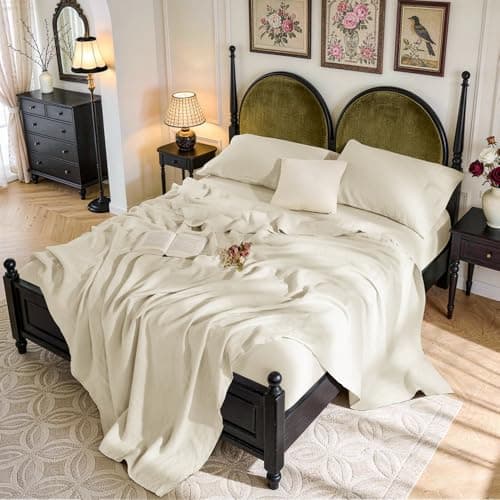 SONORO KATE 100 French Pure Linen Sheets Breathable and Durable Linen King Size Sheets AntiTear Linen Bed Sheets Machine Washable 16 Inch Deep Pocket 4 Piece Cream King