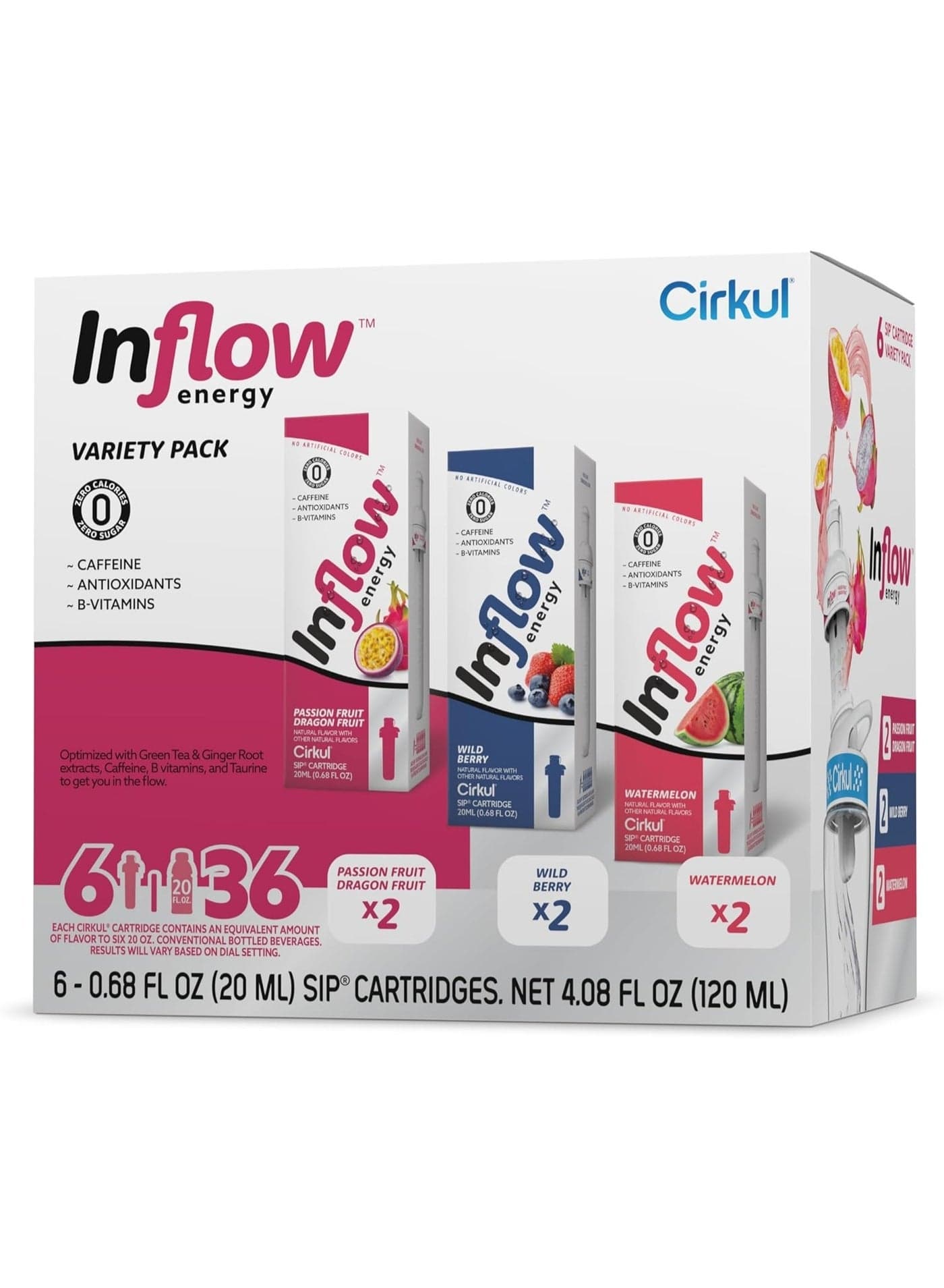Cirkul Inflow Energy Caffeine Flavor Water Variety Pack, Makes 36 Drinks, No Sugar, Zero Calorie Drink Mix, (2 Passion Fruit Dragon Fruit, 2 Wild Berry, 2 Watermelon)