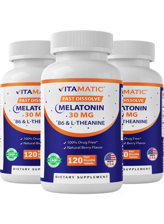 Melatonin 30 mg - with B6 & L-Theanine - 120 Fast Dissolve Tablets with Natural Berry Flavor (2 Tablets Dose = Melatonin 60 mg) (120 Count (Pack of 3))