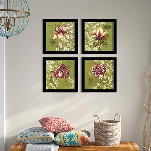 PAINTINGMANTRA Purple Bloom Framed Painting/Posters for Room Decoration, Set of 4 Black Frame Art Prints/Posters for Living Room (4 Unit, 10 x 10 Inches)
