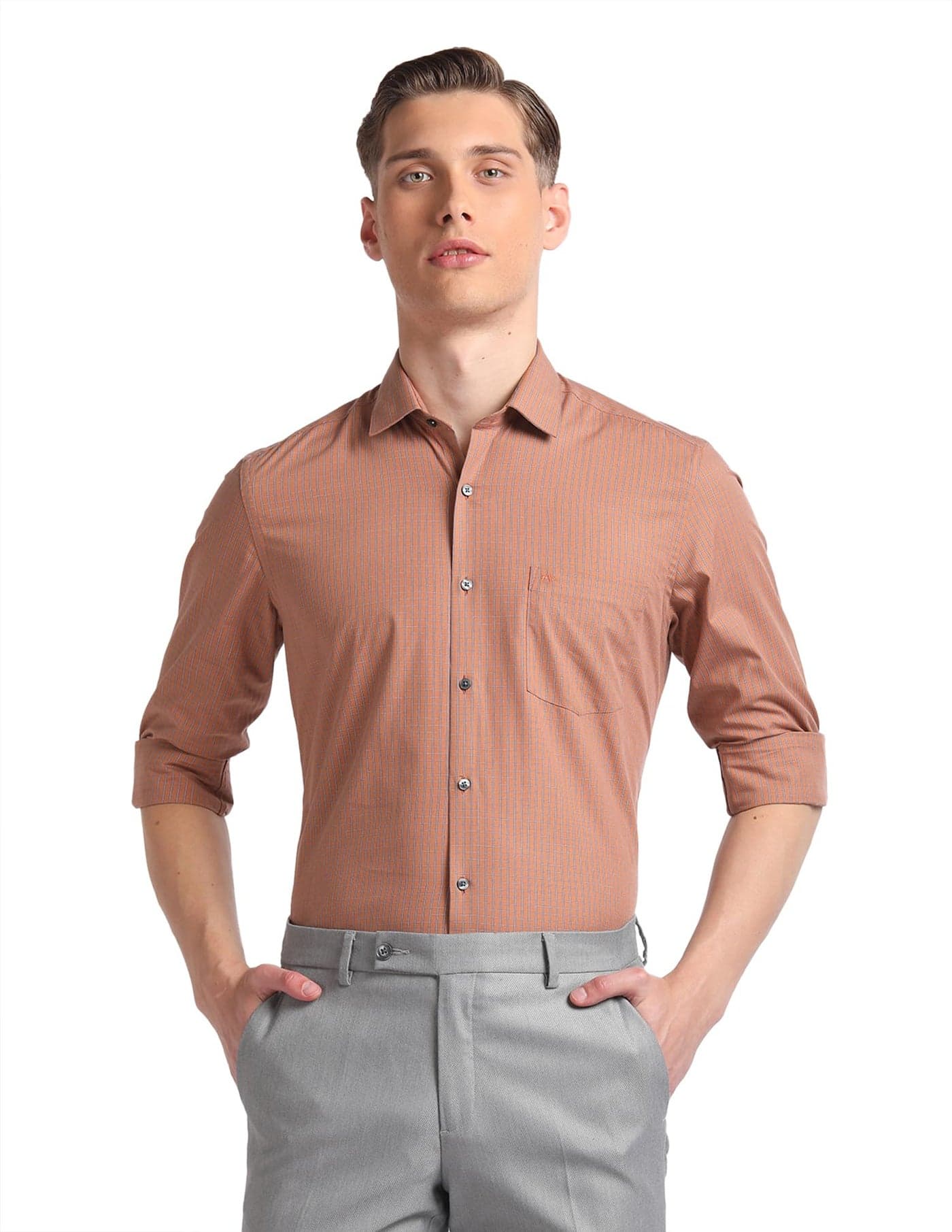 Arrow Men Slim fit Cotton Checked Long Sleeves Cutaway Collar Shirt(ARADOSH0798A_Brown_42)
