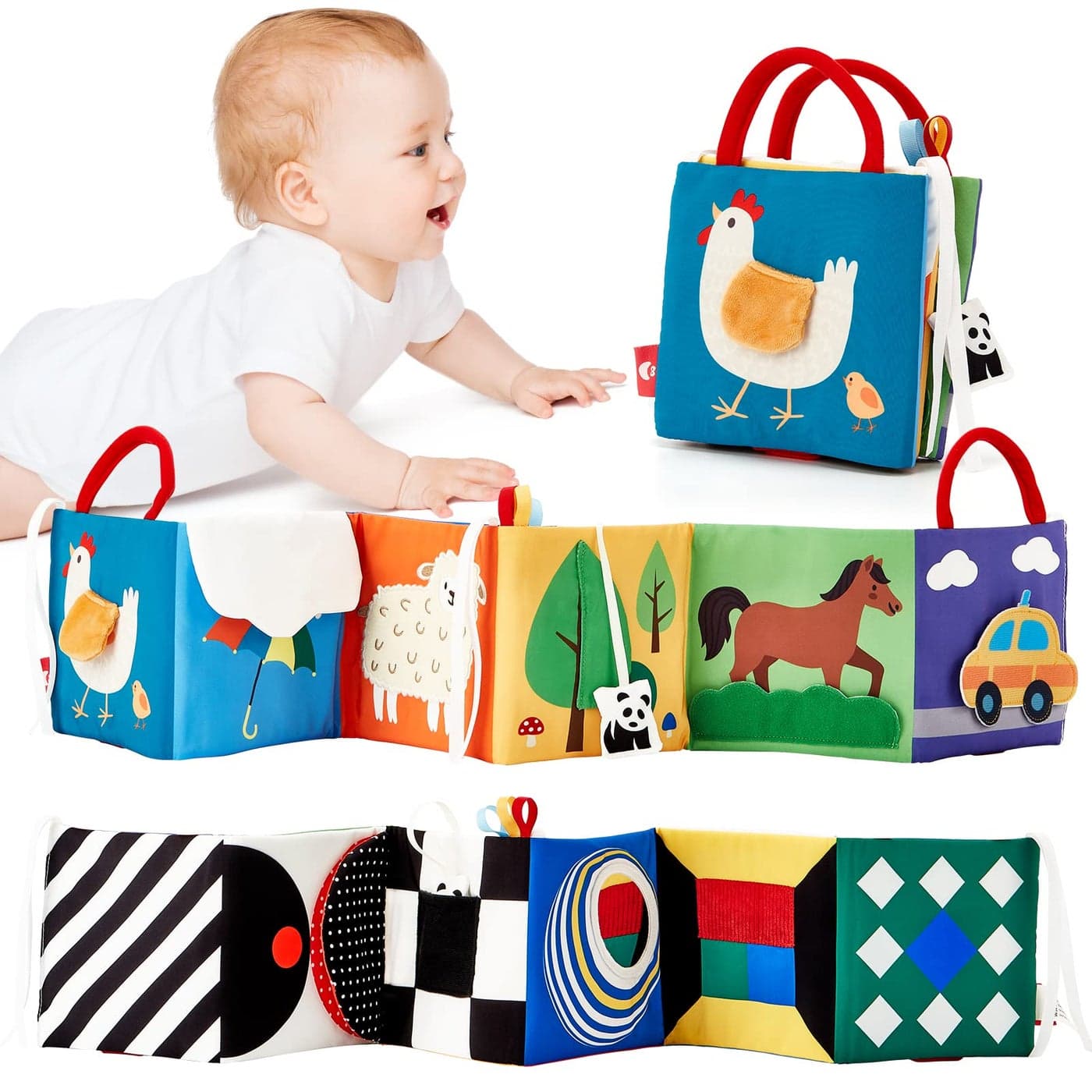 hahaland Baby Toys 0-6 Months - High Contrast Newborn Toys - Baby Tummy Time Books 0-6 Months with Crinkle, Squeaky Sounds, Touch Feel, Visual Stimulation - Birthday Baby Shower Gifts