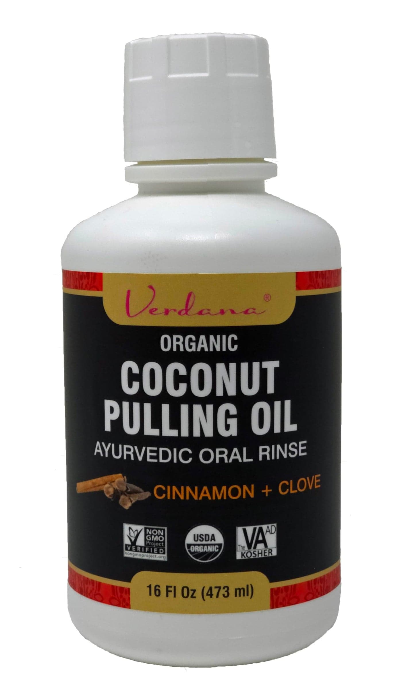 Verdana Organic Coconut Oil Pulling Rinse 16 Fl Oz Cinnamon Clove Flavor USDA Organic Kosher NonGMO Alcohol Fluoride Free Ayurvedic Mouthwash for Fresh Breath Healthy Gums Teeth