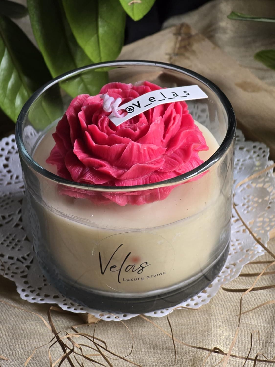 Velas Hand Crafted Peony Flower in Glass Soy Wax Scented Candle White Rose Scent Aesthetic Home Decor Lighting Gifting Pack of 1