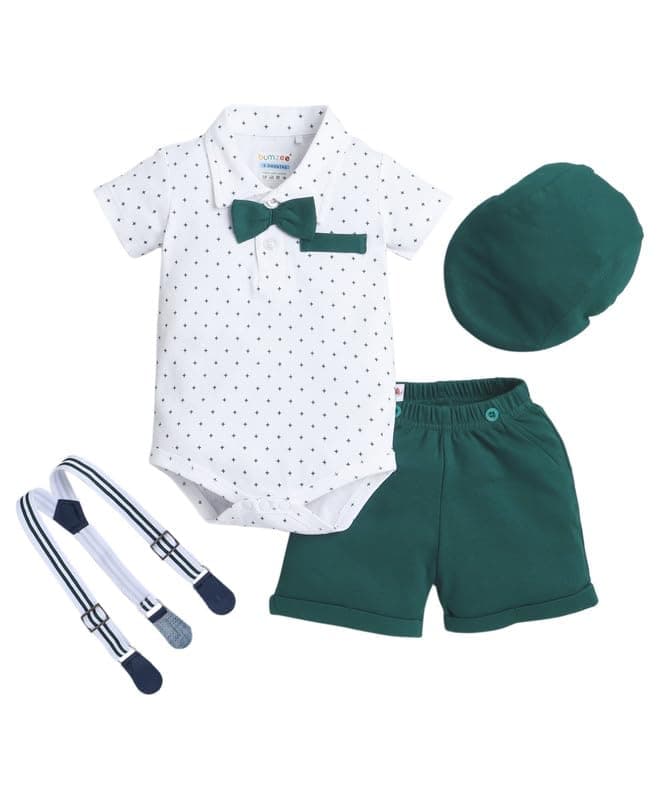 BUMZEE Baby Boys Cotton Bodysuit & Short Set With Bow Suspender & Cap White & Bottle Green - 6-9 Months