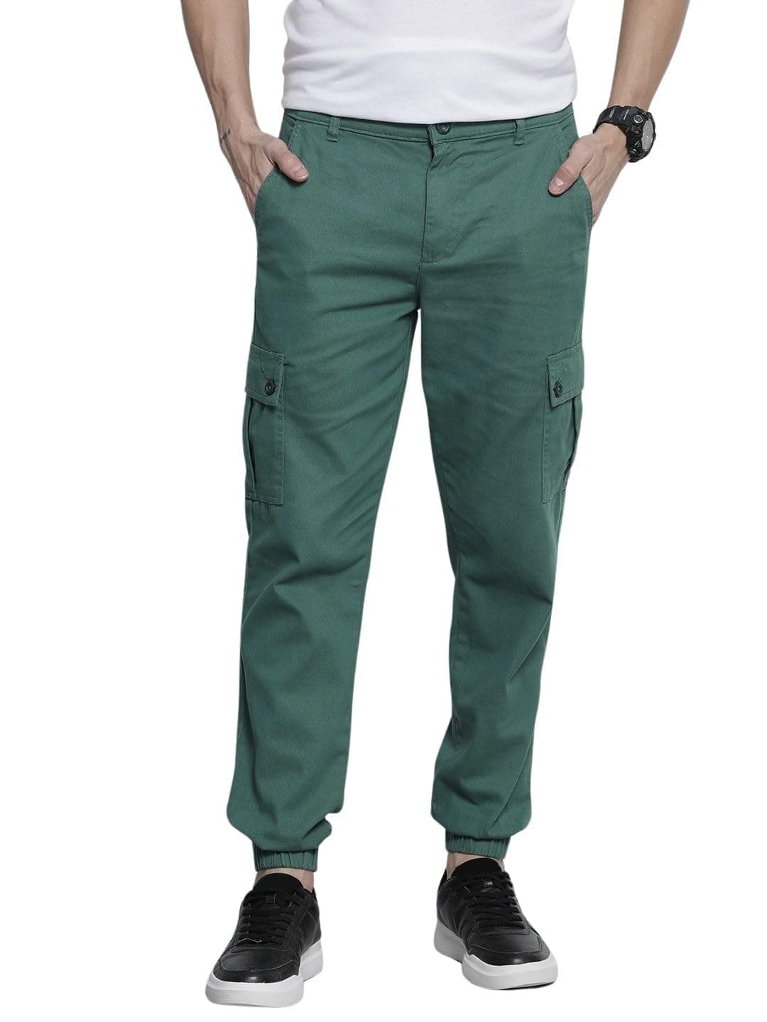 The Indian Garage Co Men Slim Fit Solid Mid-Rise Stretchable Cuffed Cargos
