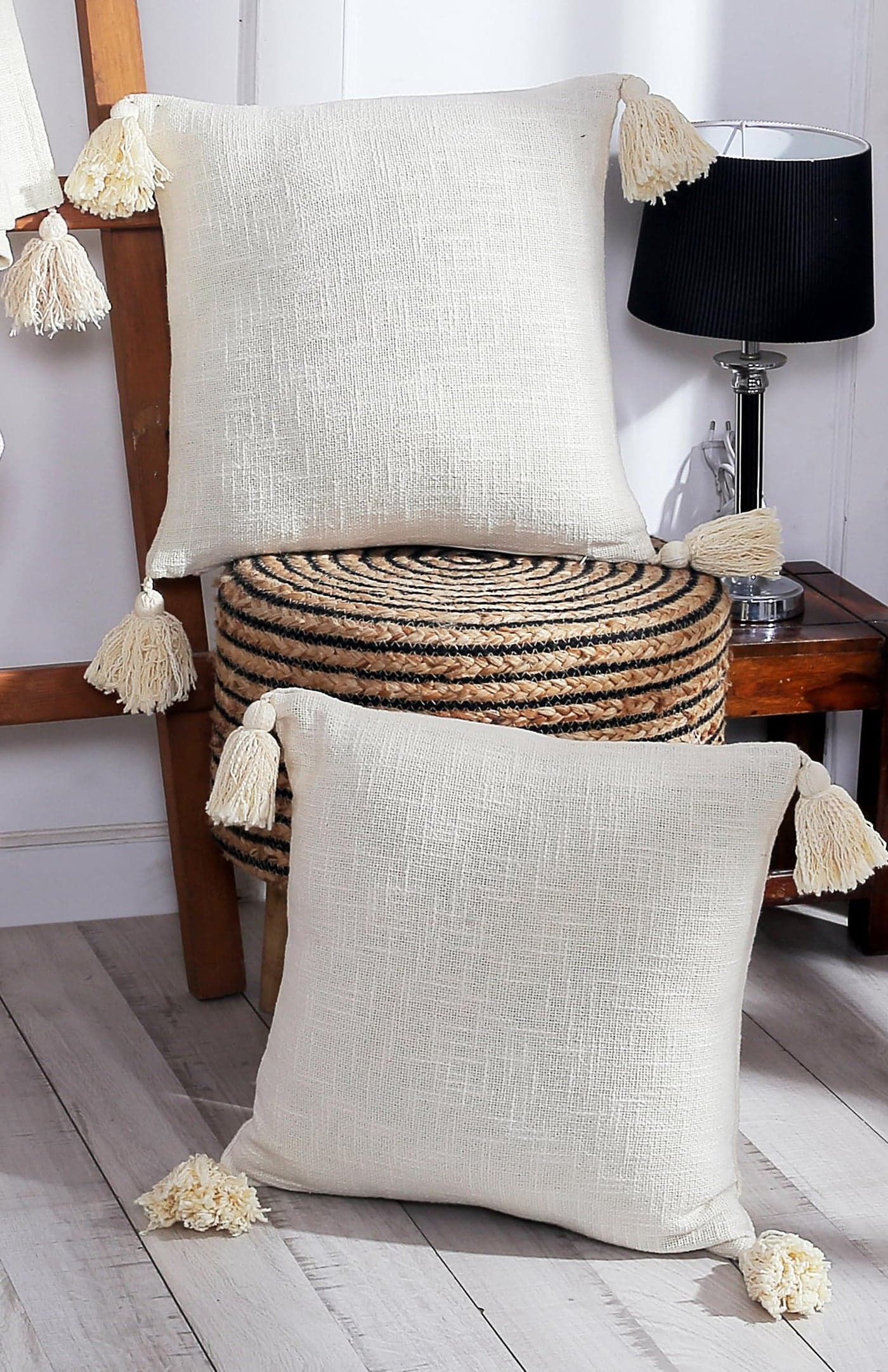 RD TREND® Premium 100% Cotton Charm Tassel Cushion Cover 16 Inch x 16 Inch, Aesthetic Hand Tufting Cushion Cover Set of 2 for Couch Sofa, Bedroom, Living Room (Cream)