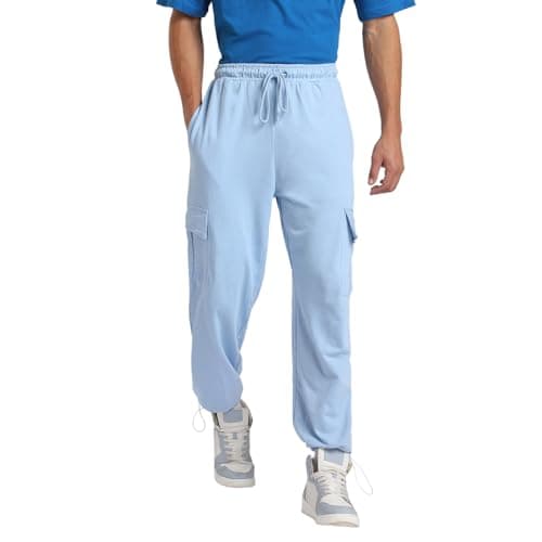 NOBERO Men's Oversized Blue Cargo Joggers, Oversized Blue Jogger-M, Mid Rise