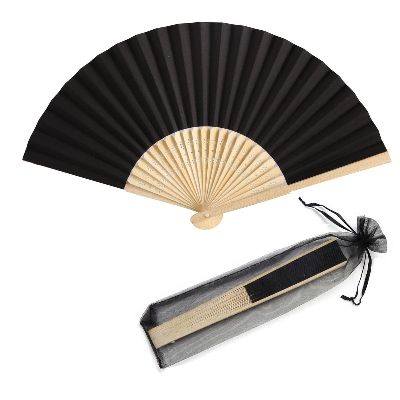 SL crafts 50pcs Paper Hand Fan with Organza Bags Bamboo Handheld Folding Fan DIY Decorative Wedding Party Favors Black